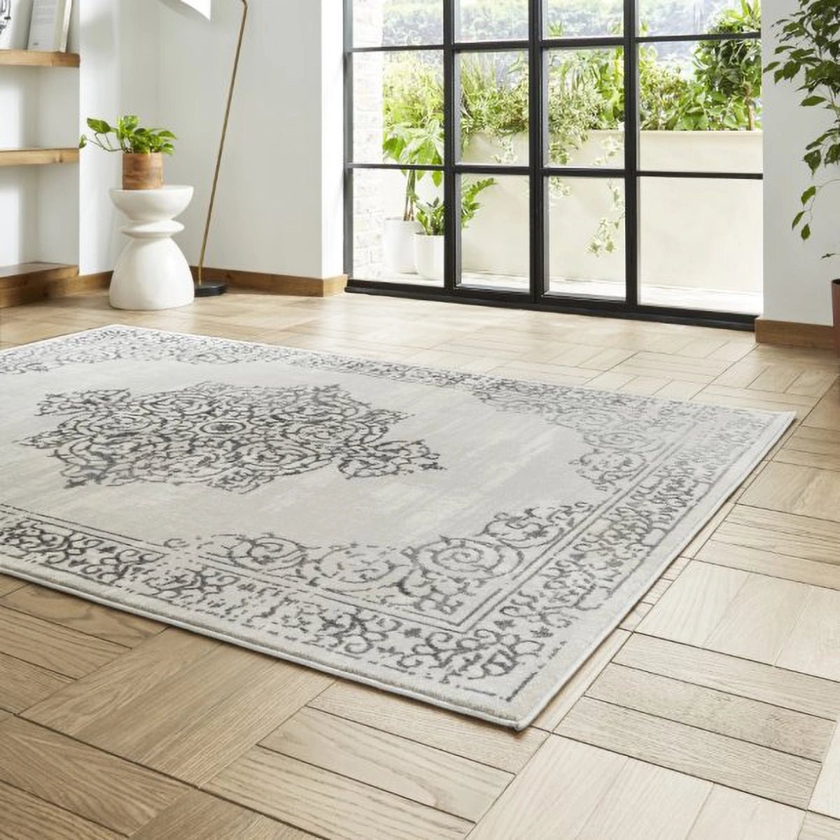 Artemis B9076A Silver rug with metallic detailing and a high-density pile. Durable, contemporary and available in multiple sizes.