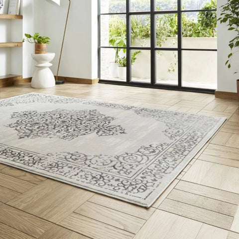 Artemis B9076A Silver rug with metallic detailing and a high-density pile. Durable, contemporary and available in multiple sizes.