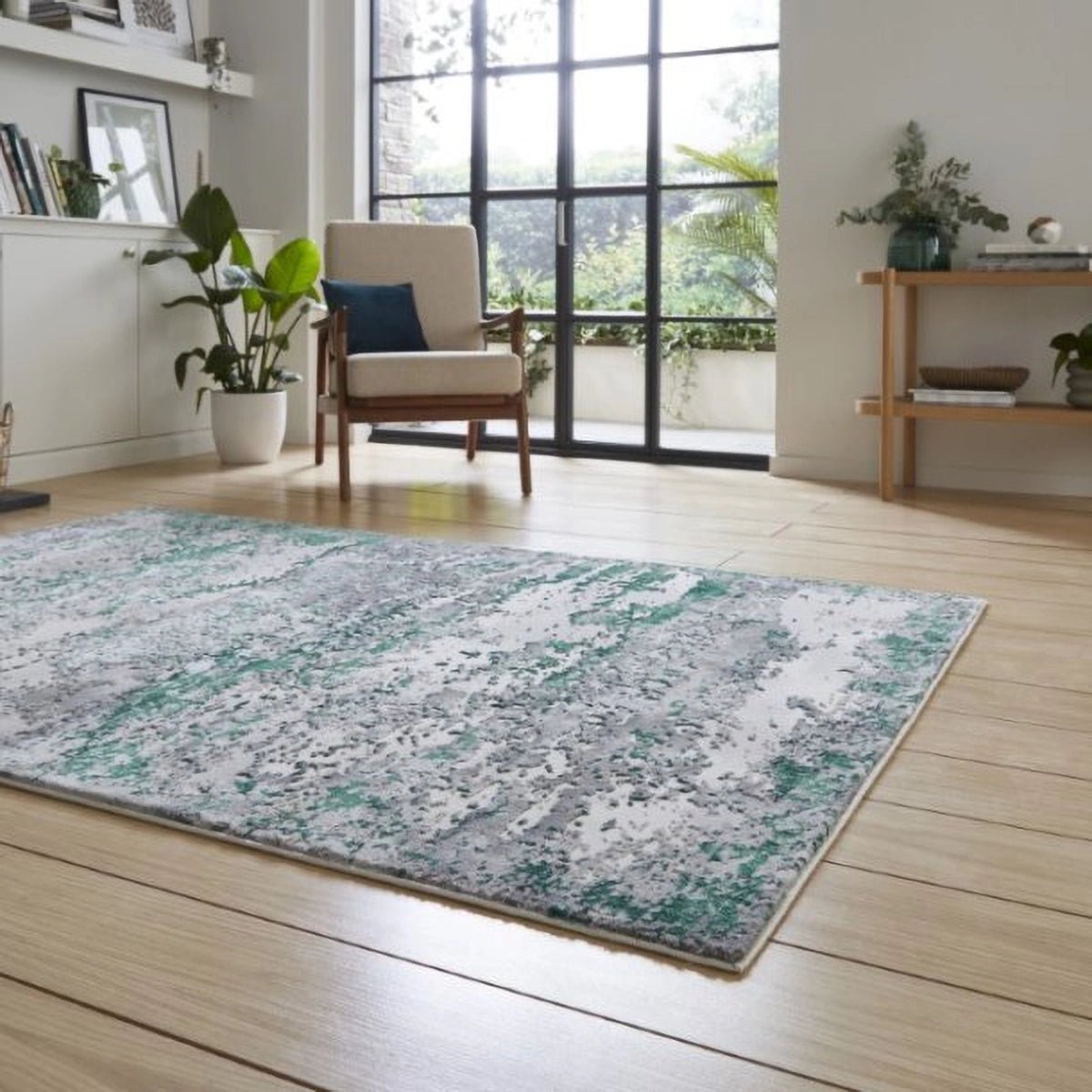 Artemis B9289A modern abstract green rug with metallic detailing