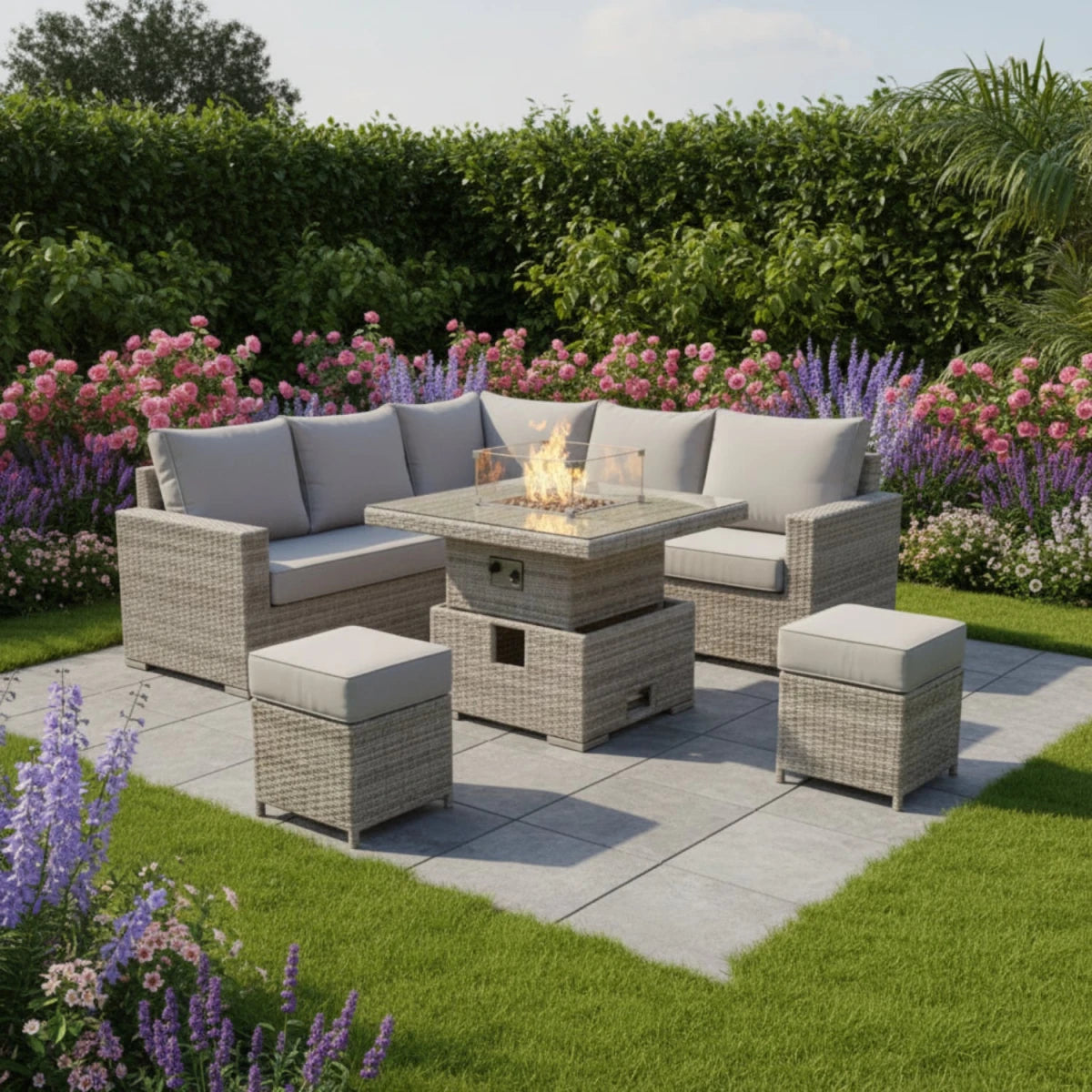 Square L-shape patio sofa set with fire feature for outdoor use.