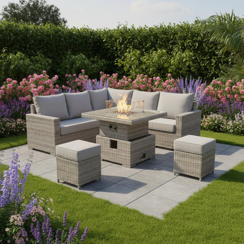 Square L-shape patio sofa set with fire feature for outdoor use.