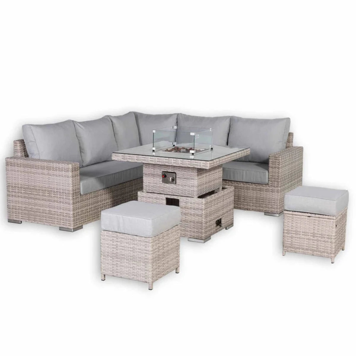 Modern outdoor furniture set with integrated fire feature.