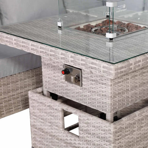Functional firepit coffee table for outdoor dining set.