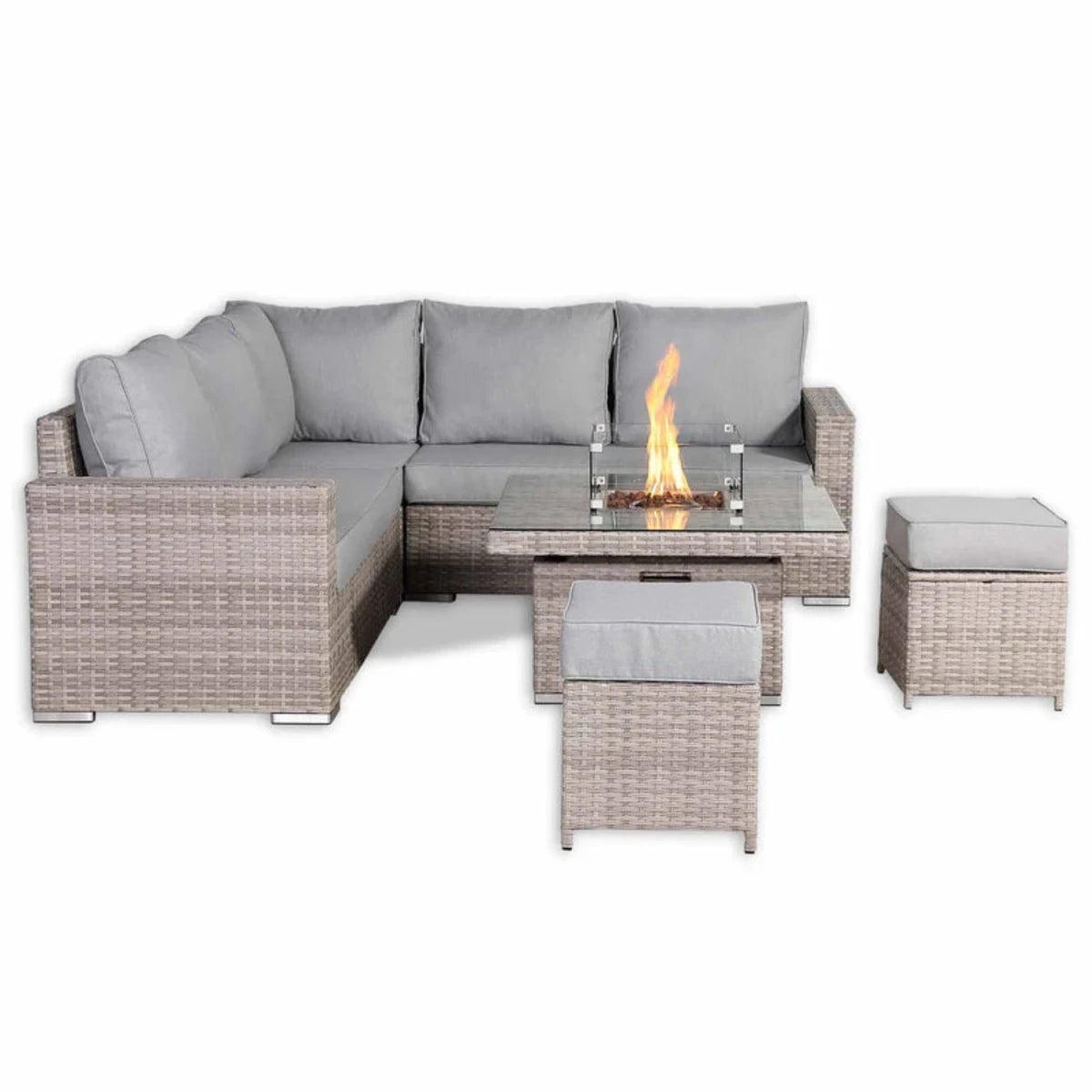 Stylish garden set combining sofa seating and firepit table.