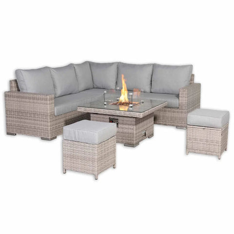 Modern outdoor furniture set with integrated fire feature.