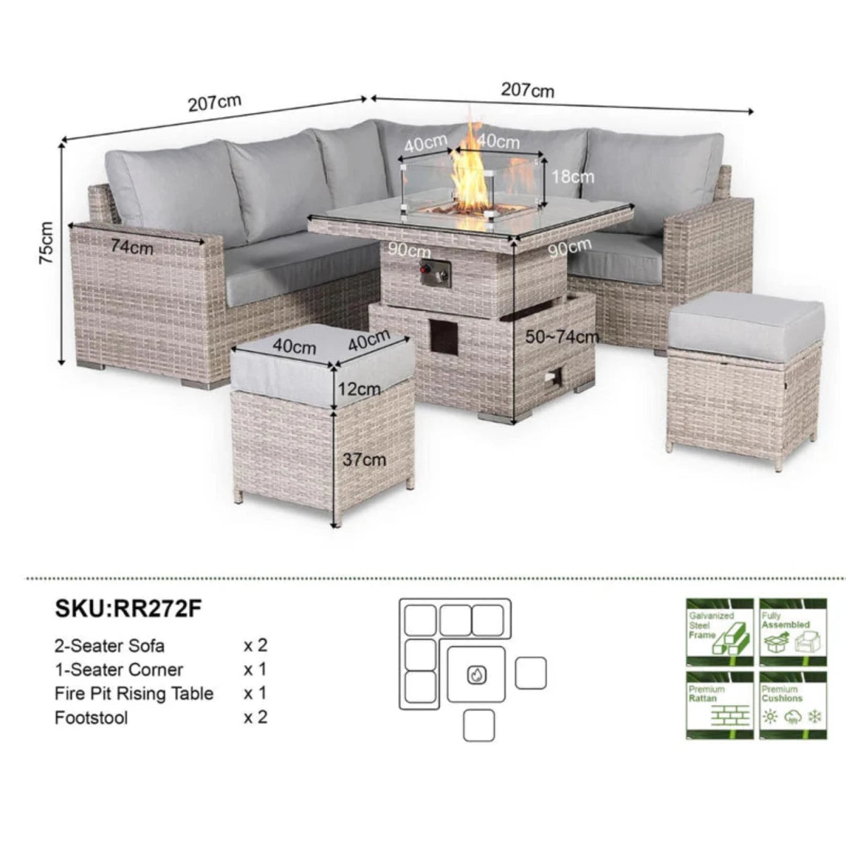Complete dimension reference for garden firepit dining furniture set.