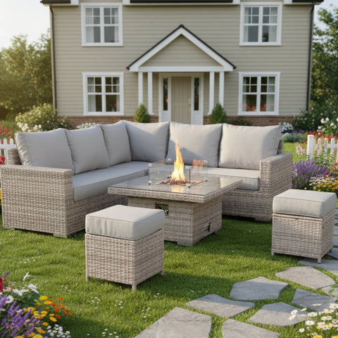 Modern square corner sofa set with integrated firepit table design.