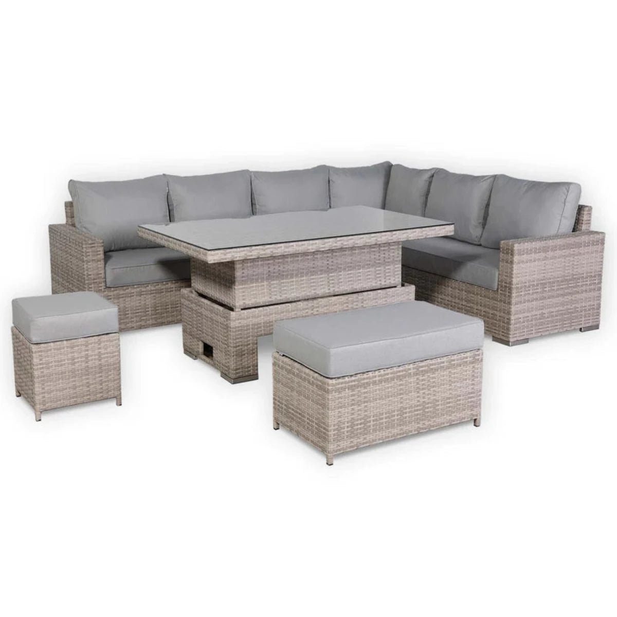 Modern outdoor corner sofa set for garden dining and relaxation.
