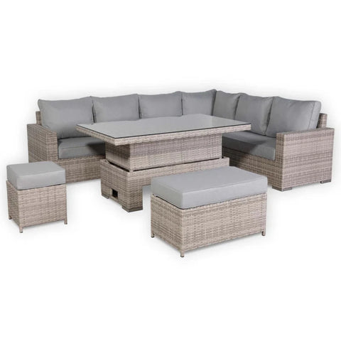 Modern outdoor corner sofa set for garden dining and relaxation.