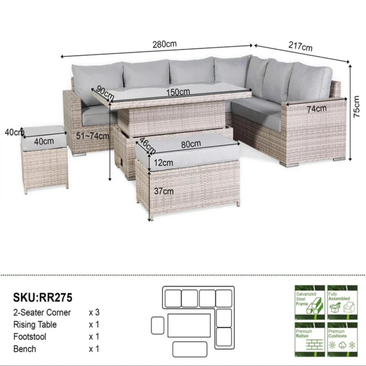 Complete measurement reference for corner sofa and rising table set.