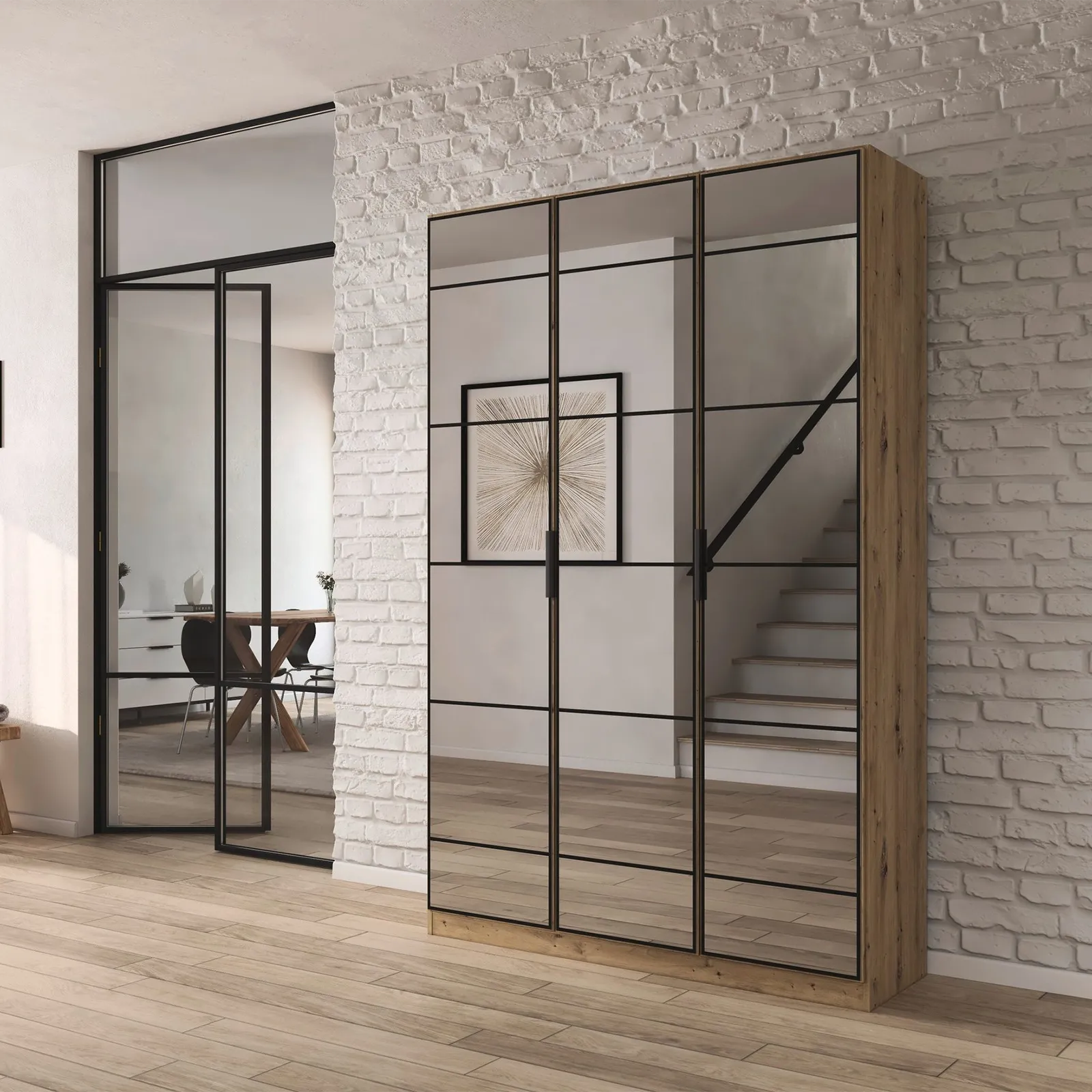 Ashworth Artisan Oak 3 Door Mirrored Hall Cupboard W136cm