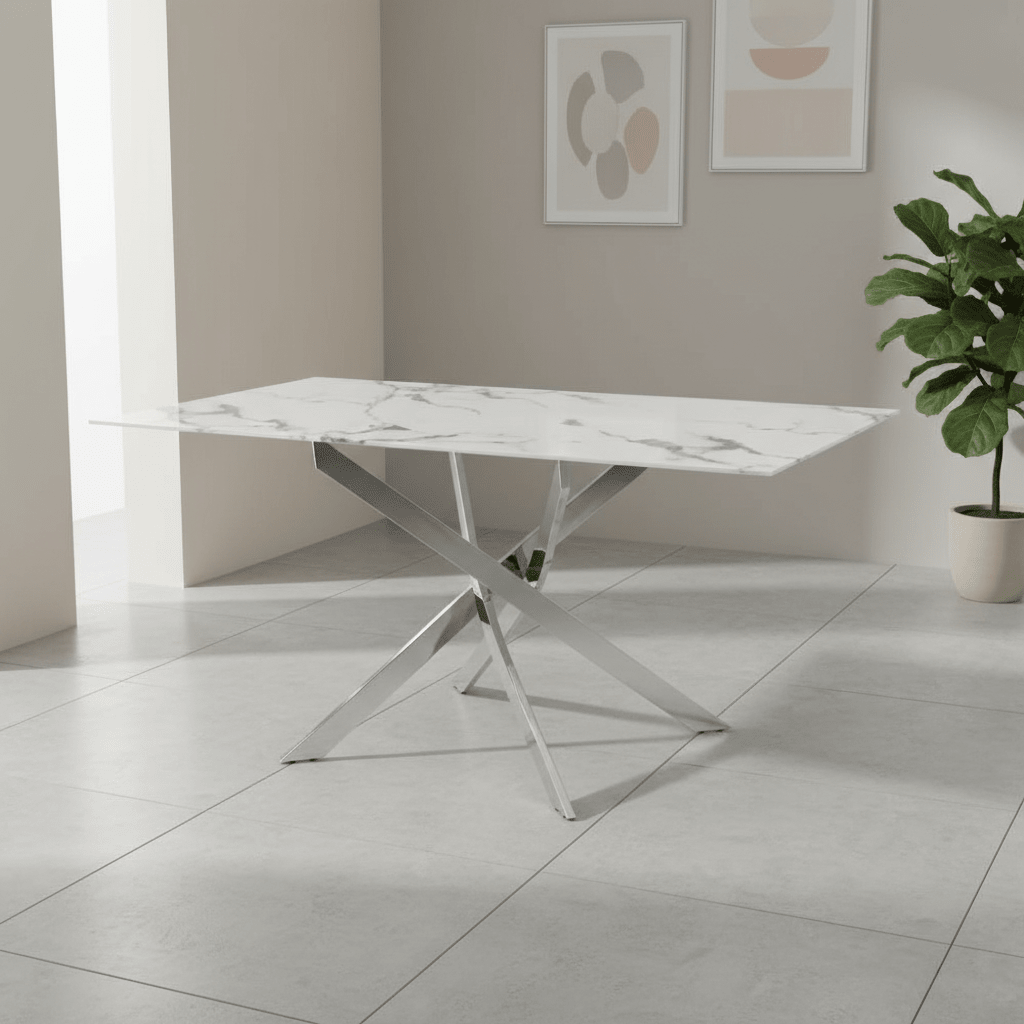 Aston 1.6M White Marble Effect Dining Table - Chrome Base