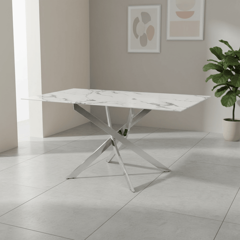 Aston 1.6M White Marble Effect Dining Table - Chrome Base