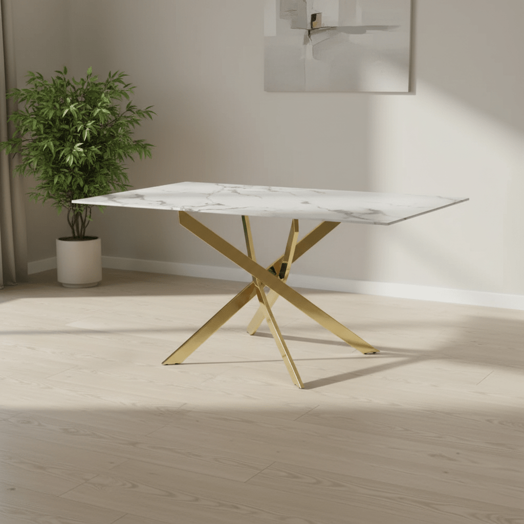 Aston 1.6M White Marble Effect Dining Table - Gold Base