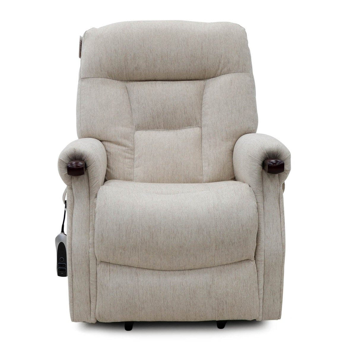 A light beige upholstered recliner chair with padded armrests and a high back, shown from the front on a plain white background.