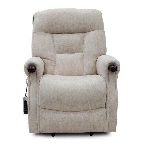 A light beige upholstered recliner chair with padded armrests and a high back, shown from the front on a plain white background.