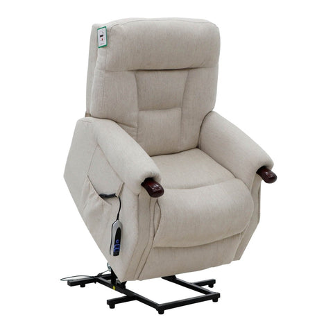 Beige rise and recliner chair with armrests on a white background