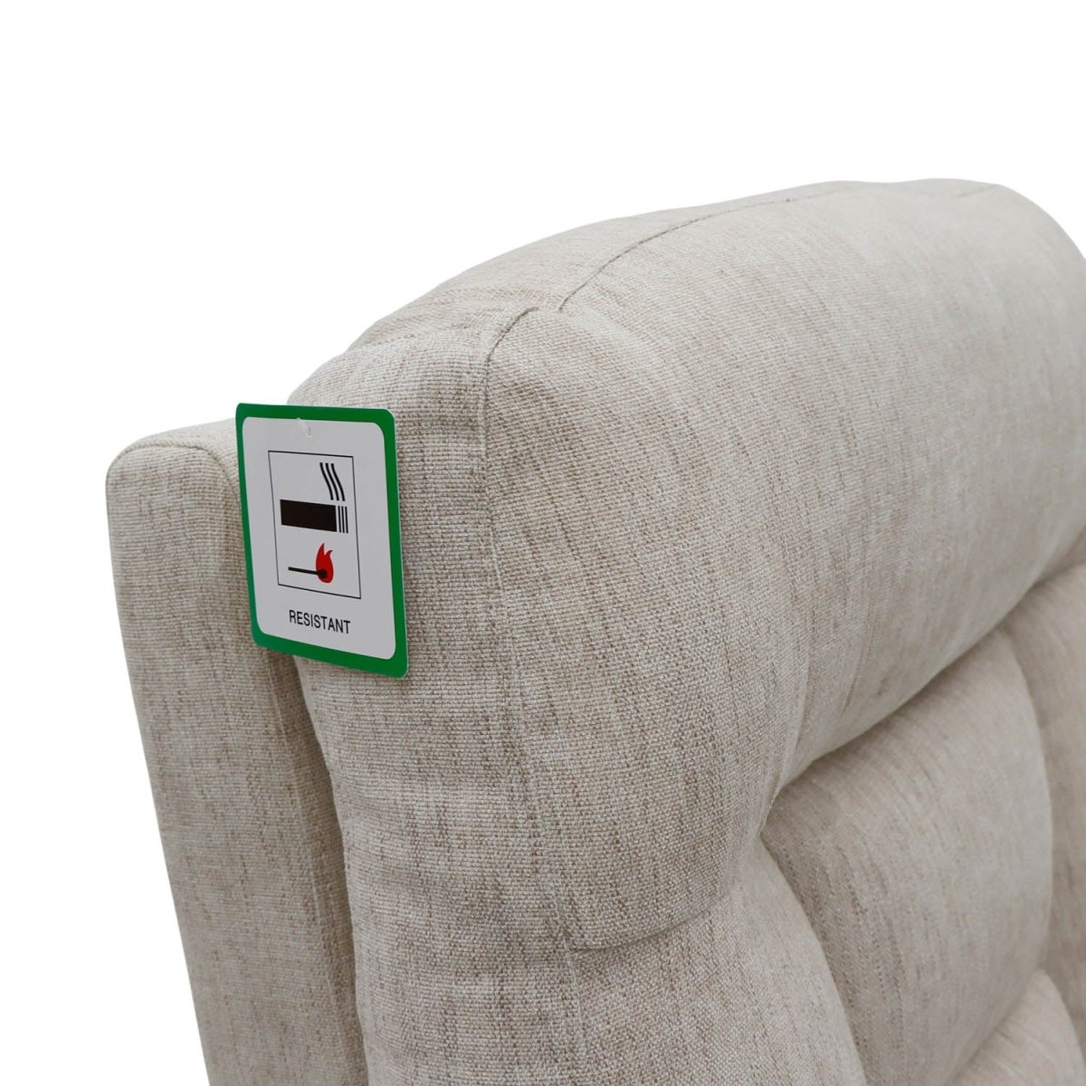 Beige upholstered chair with a label indicating fire resistance on a white background