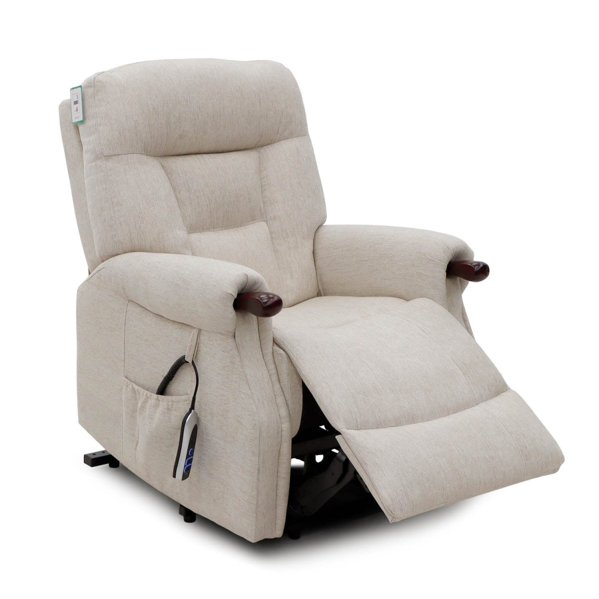 Astoria Beige rise  recliner chair with wooden armrests on a white background
