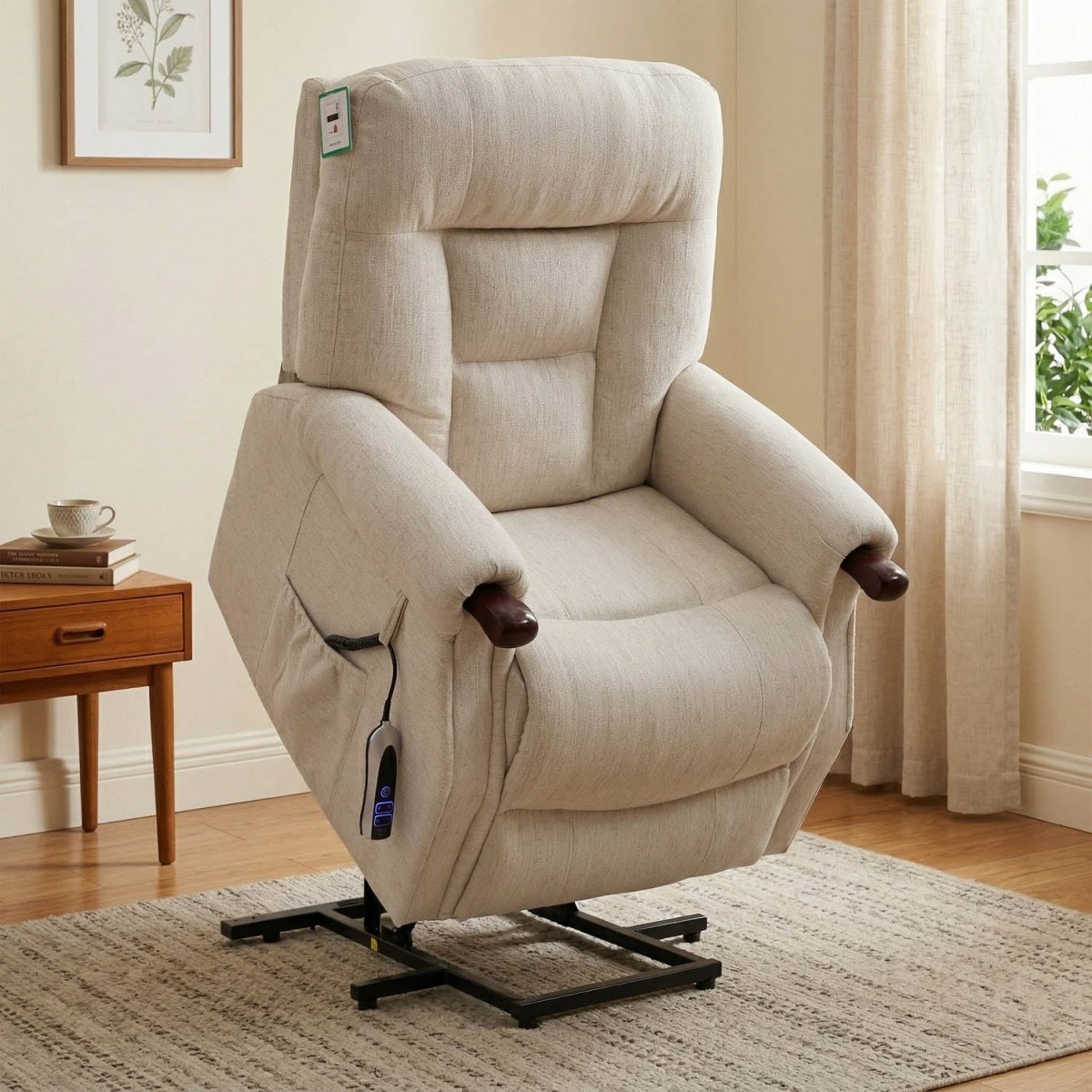 Astoria Beige recliner chair in a room with a side table and window.