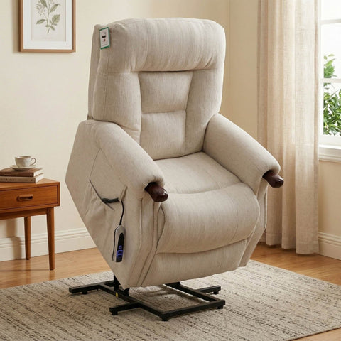 Astoria Beige recliner chair in a room with a side table and window.