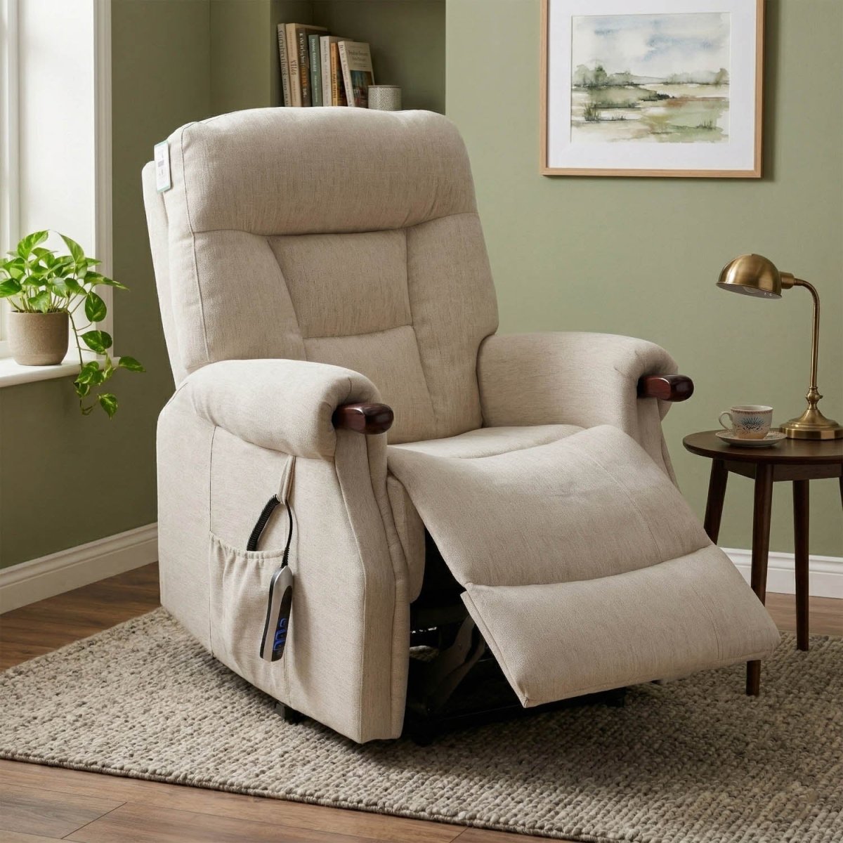 Beige upholstered recliner chair with extended footrest in a styled living room setting with green walls, a rug, side table, and lamp.