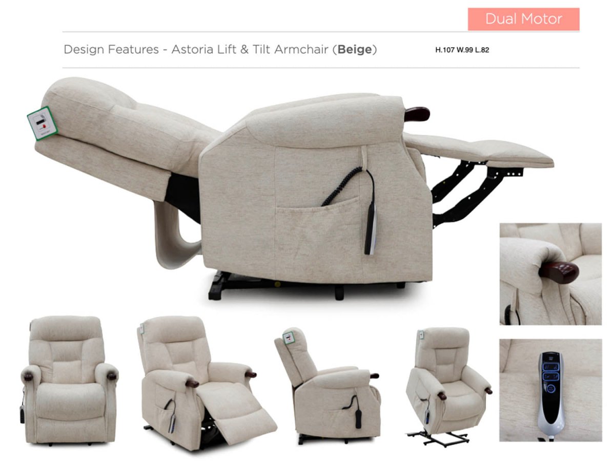 Beige recliner chair with multiple angles shown on a white background
