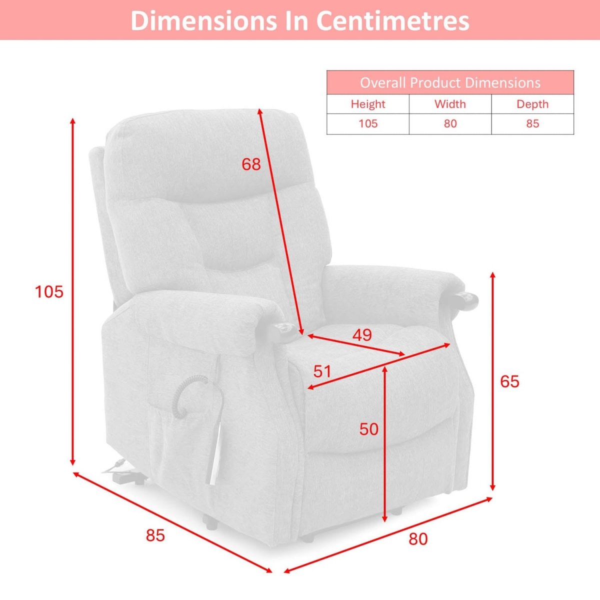 Astoria Rise and recliner chair with dimensions marked in centimetres on a white background