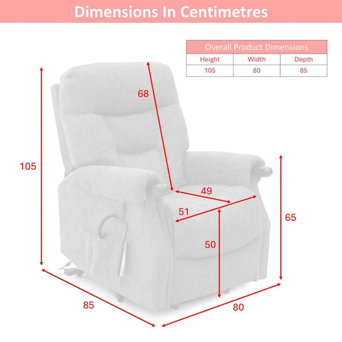 Astoria Rise and recliner chair with dimensions marked in centimetres on a white background