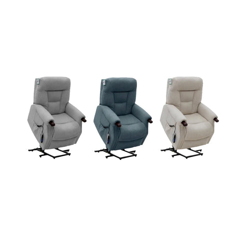 Three upholstered lift chairs shown side by side on a plain white background: light gray, muted blue-gray, and warm beige. Each chair has a black metal base and visible armrest controls.
