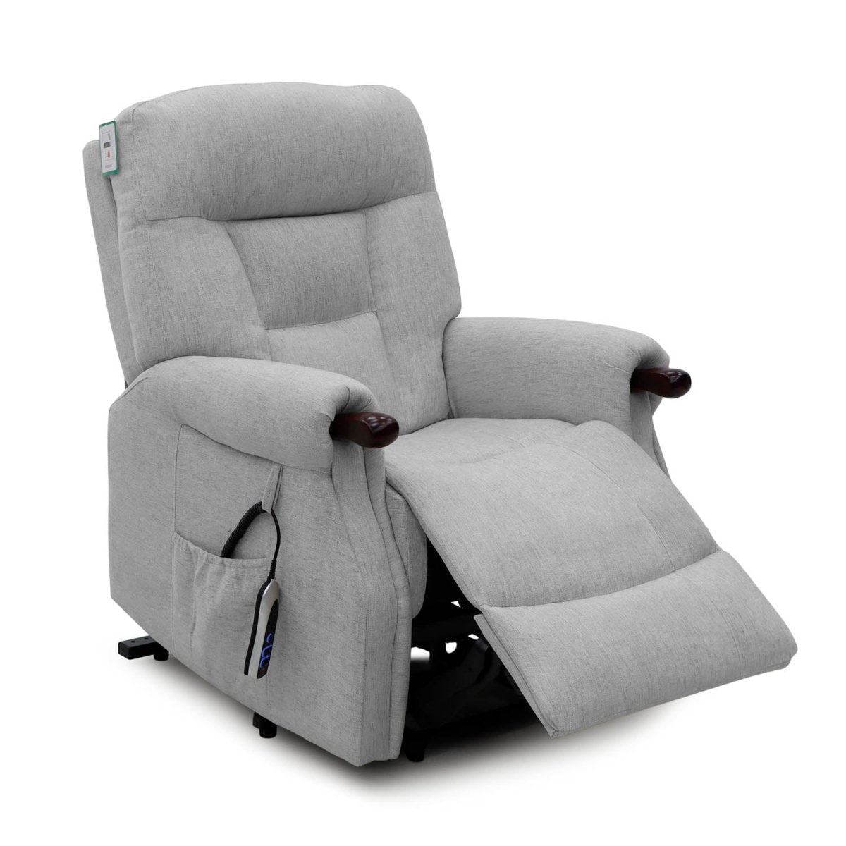 A light gray upholstered Lift and tilt recliner chair with the footrest extended, shown on a clean white background. The chair has dark wood-look armrest caps, a side pocket with a hanging remote, and a visible power control cord.