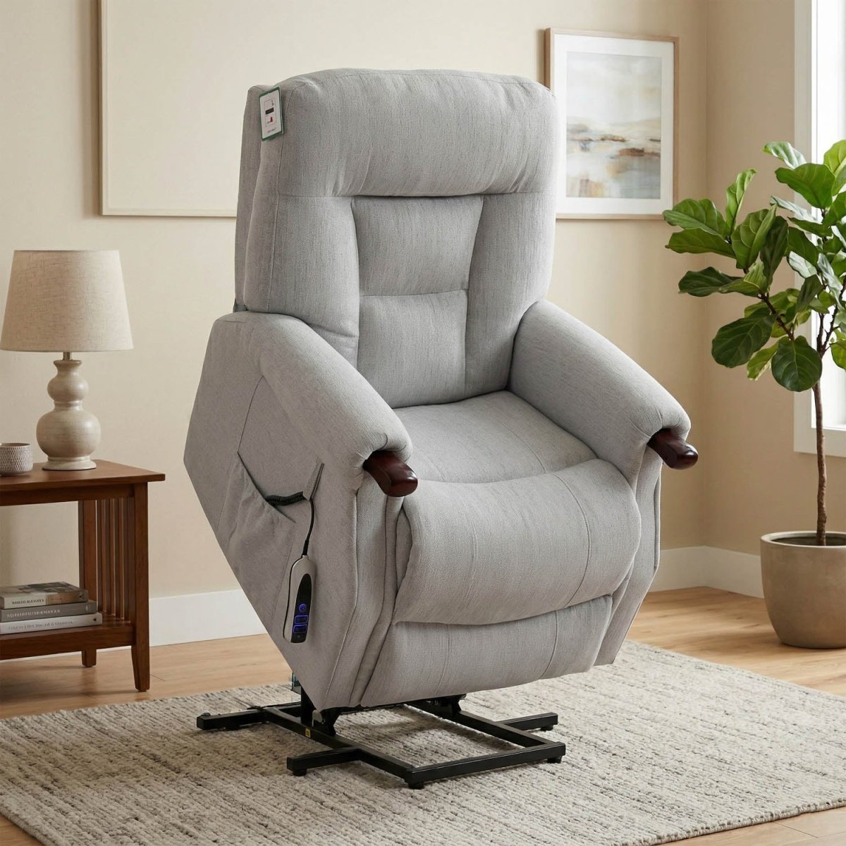 A light gray upholstered recliner chair with a high back, padded armrests, and a black metal base, shown in a styled living room setting with a lamp, framed wall art, a potted plant, and a rug.