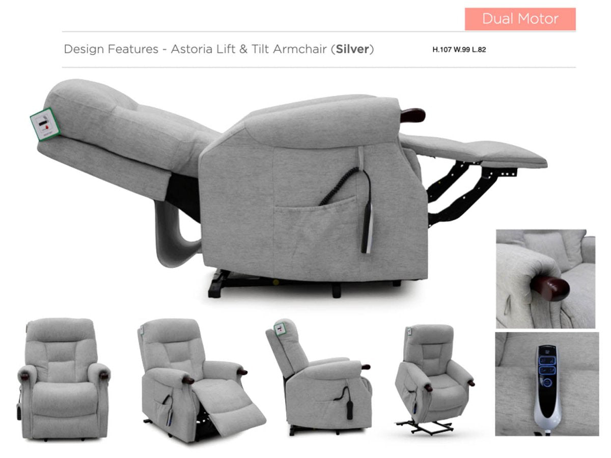A light gray fabric dual motor recliner chair shown in multiple positions, including fully extended, with inset images showing a remote control and a person sitting in the chair.