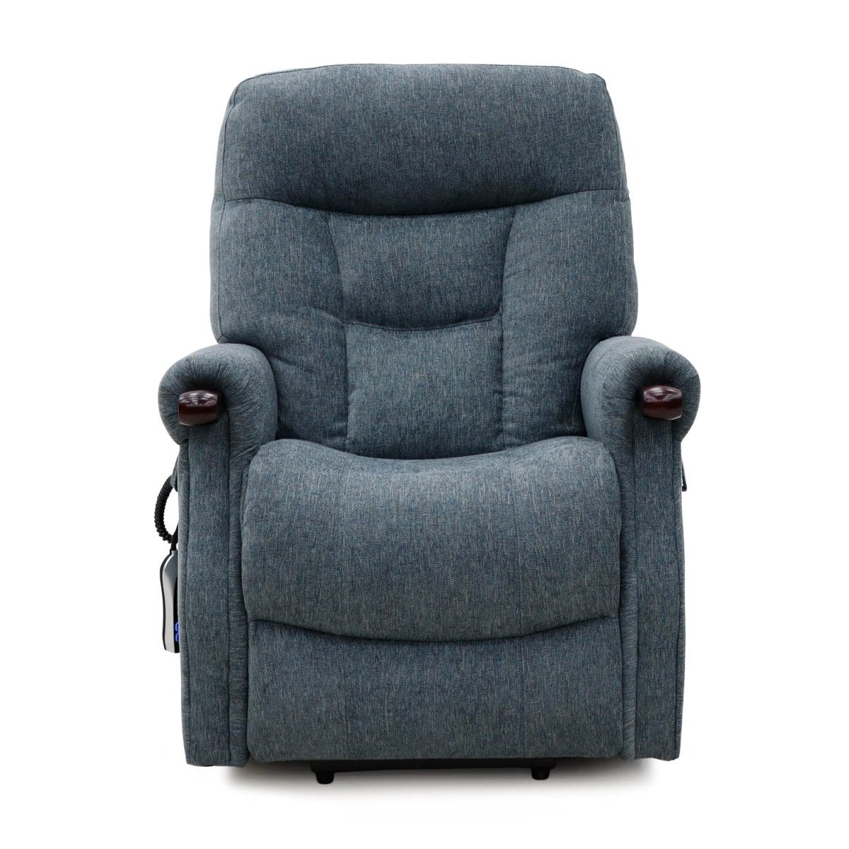 A blue-gray upholstered recliner chair with padded backrest, armrests, and dark wood-look cup holders, shown on a plain white background.