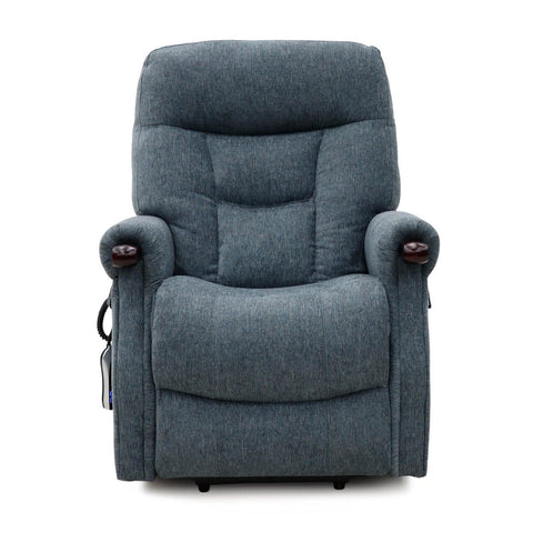 A blue-gray upholstered recliner chair with padded backrest, armrests, and dark wood-look cup holders, shown on a plain white background.