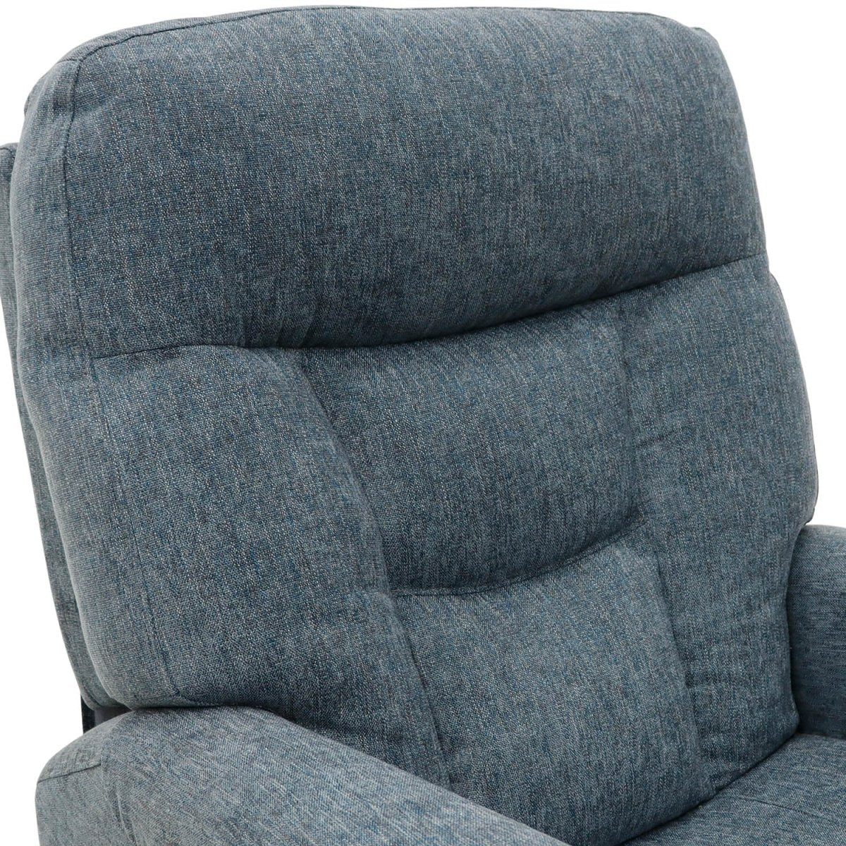 Close-up of a Astoria Grey blue recliner chair with a textured fabric surface.