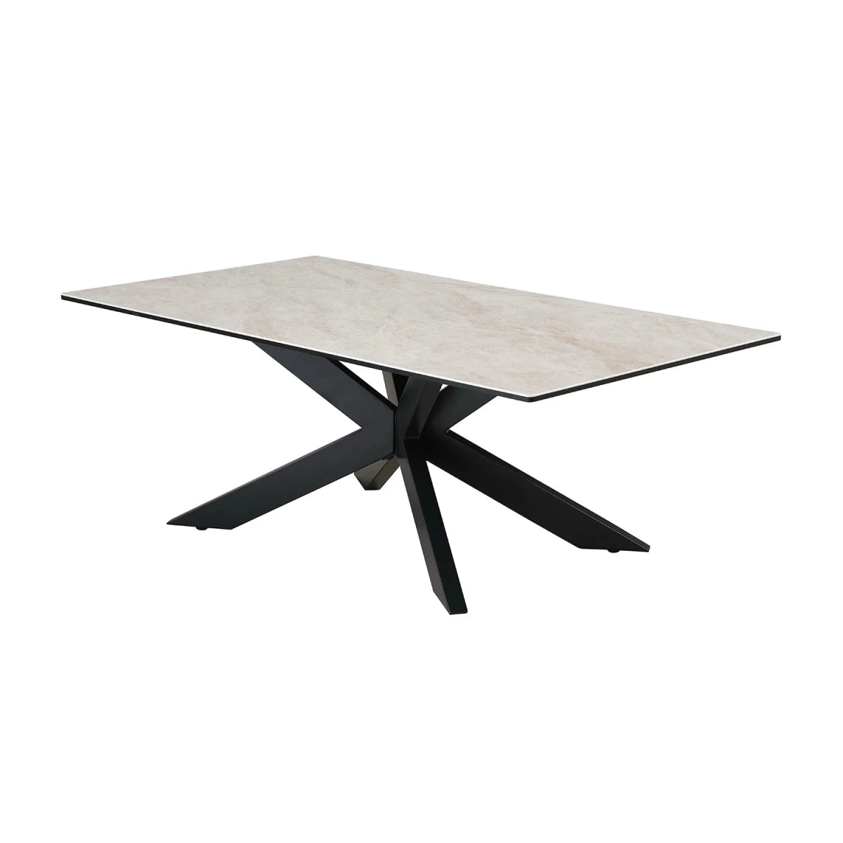 Modern ceramic coffee table with toughened glass top and black iron base. Durable, stylish and perfect for contemporary living rooms.