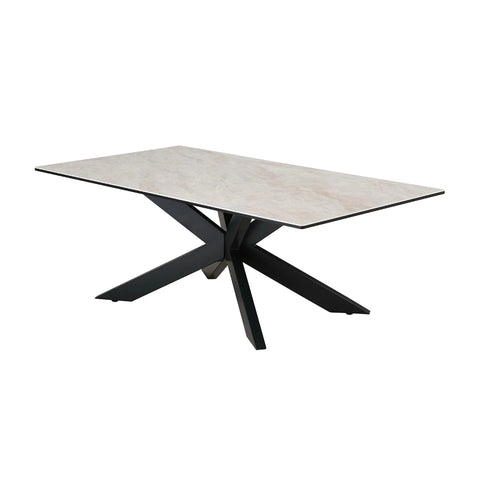 Modern ceramic coffee table with toughened glass top and black iron base. Durable, stylish and perfect for contemporary living rooms.