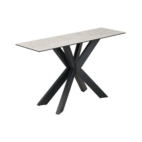 Modern ceramic console table with toughened glass top and iron base. Stylish, durable and ideal for hallways or living spaces.
