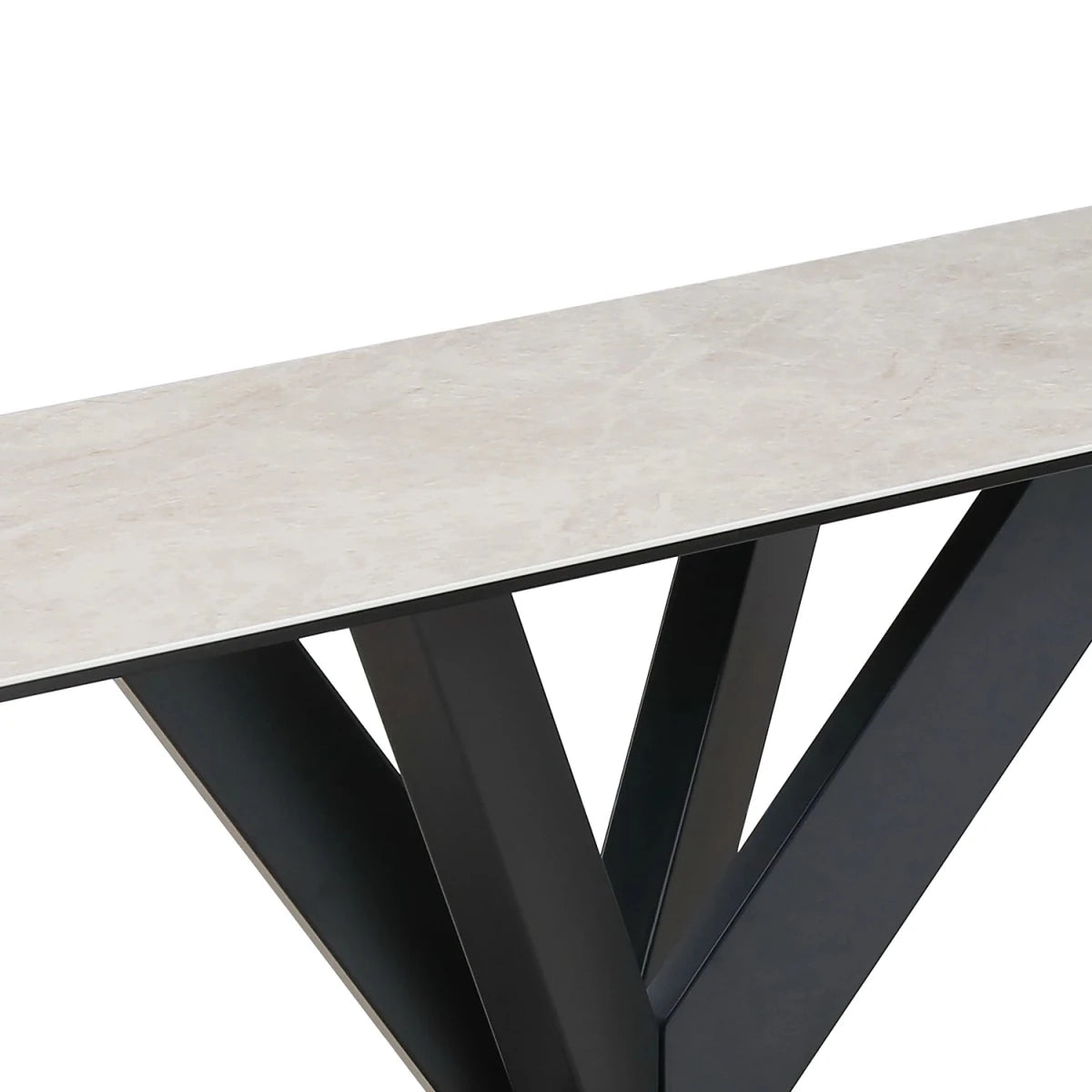 Table top close up of Athena ceramic console table with iron base