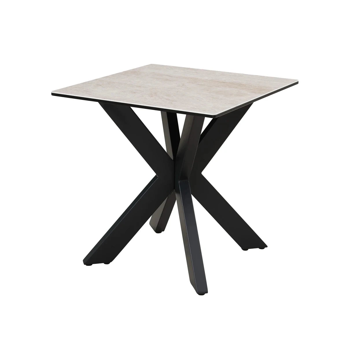 Square table with a light-colored top and black metal legs on a white background
