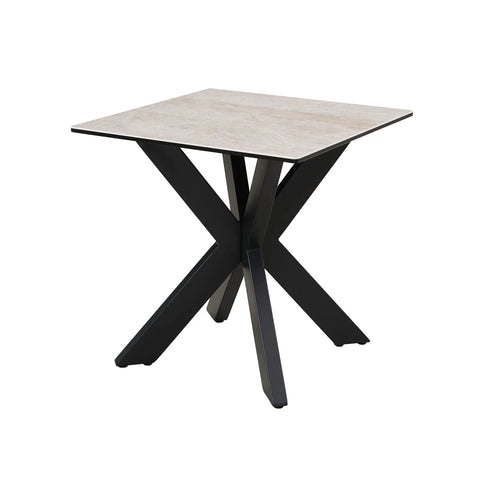 Square table with a light-colored top and black metal legs on a white background