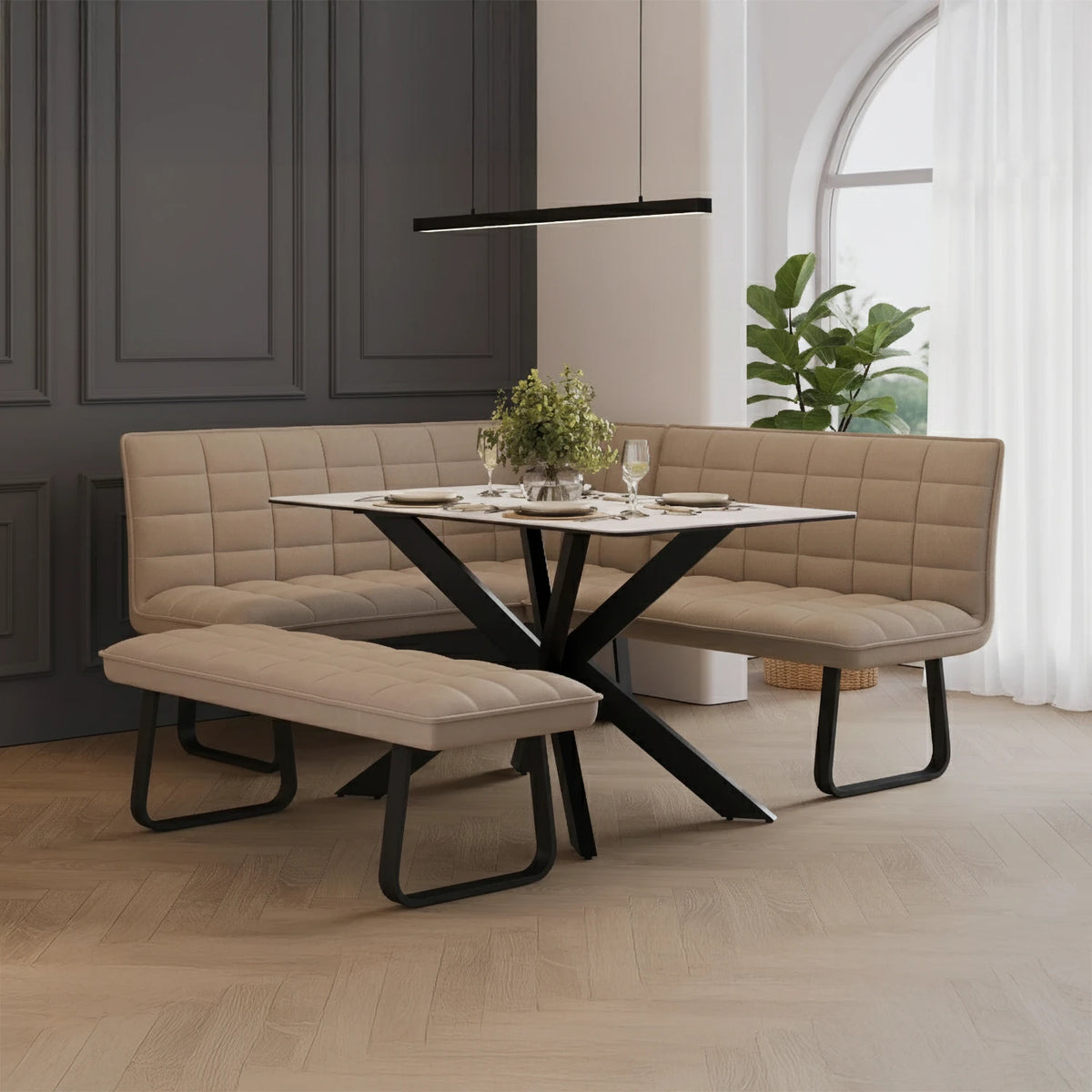 Athena sand ceramic dining table with corner bench set or swivel chair option. Modern, durable ceramic top with stylish taupe seating. Compact, elegant dining set.