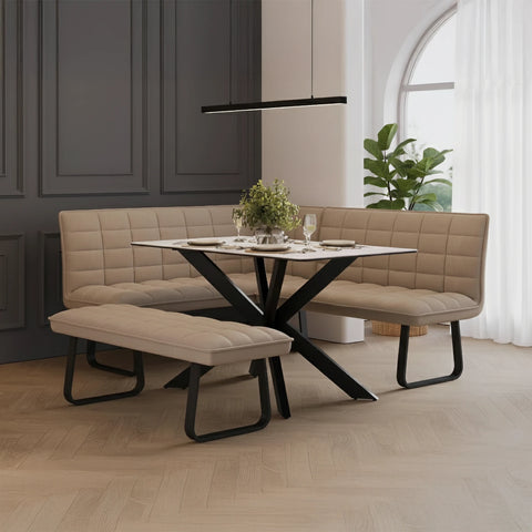 Athena sand ceramic dining table with corner bench set or swivel chair option. Modern, durable ceramic top with stylish taupe seating. Compact, elegant dining set.