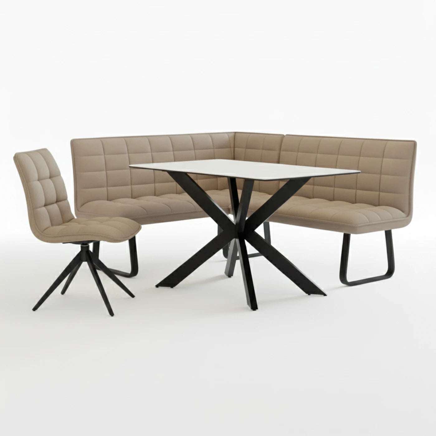 Athena 135cm Sand Ceramic Table Set with corner Bench and 2 Chairs