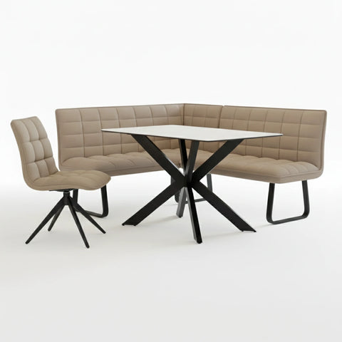 Athena 135cm Sand Ceramic Table Set with corner Bench and 2 Chairs