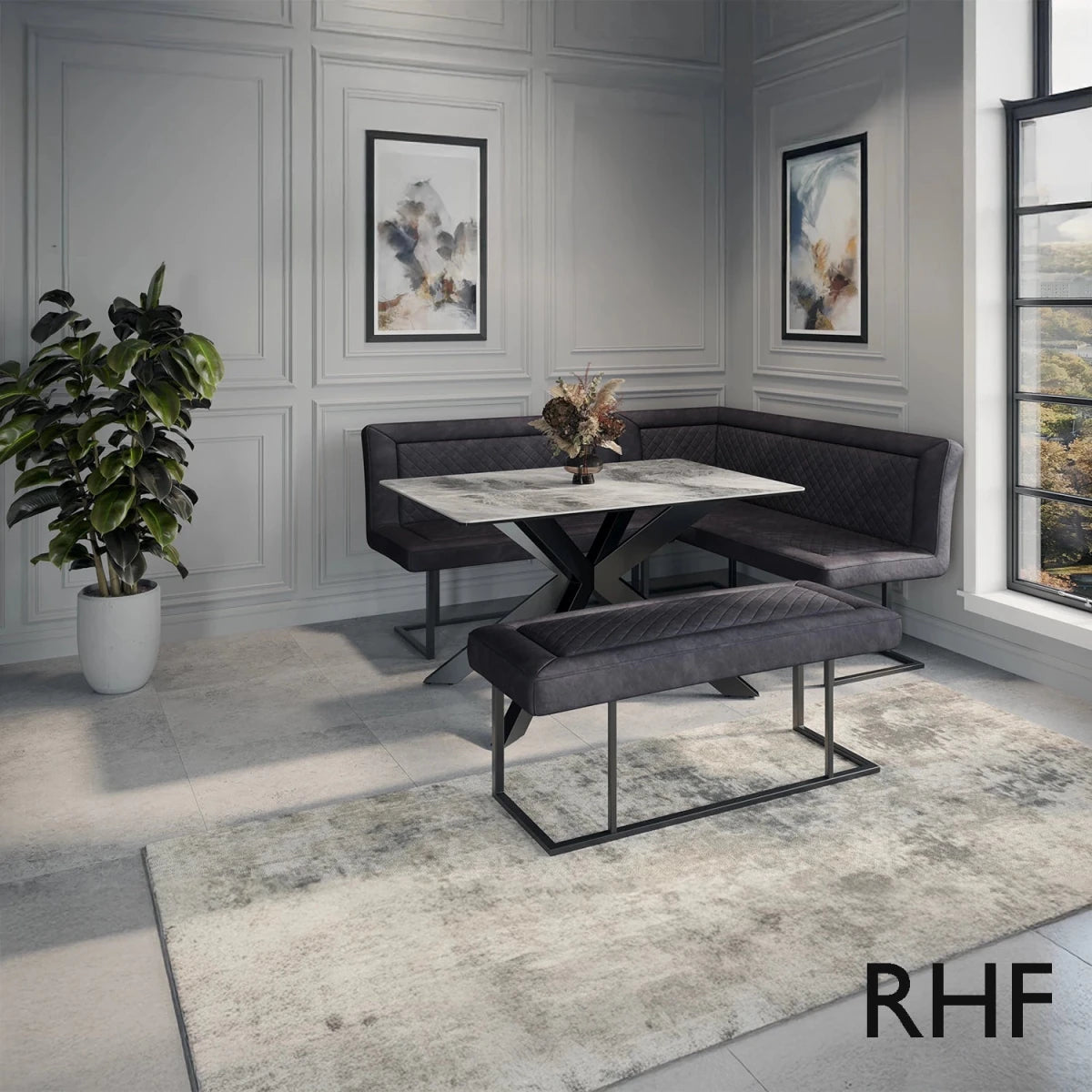 Athena 135cm Light Grey Ceramic Table with Right Hand Facing Corner Bench Dining Set