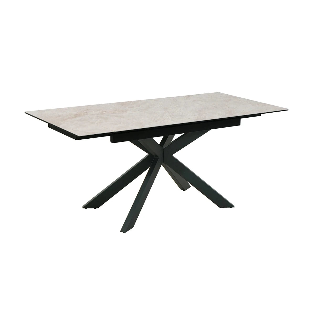 Athena extending dining table with sand ceramic top and starburst base. Industrial design, extends from 130cm to 180cm.