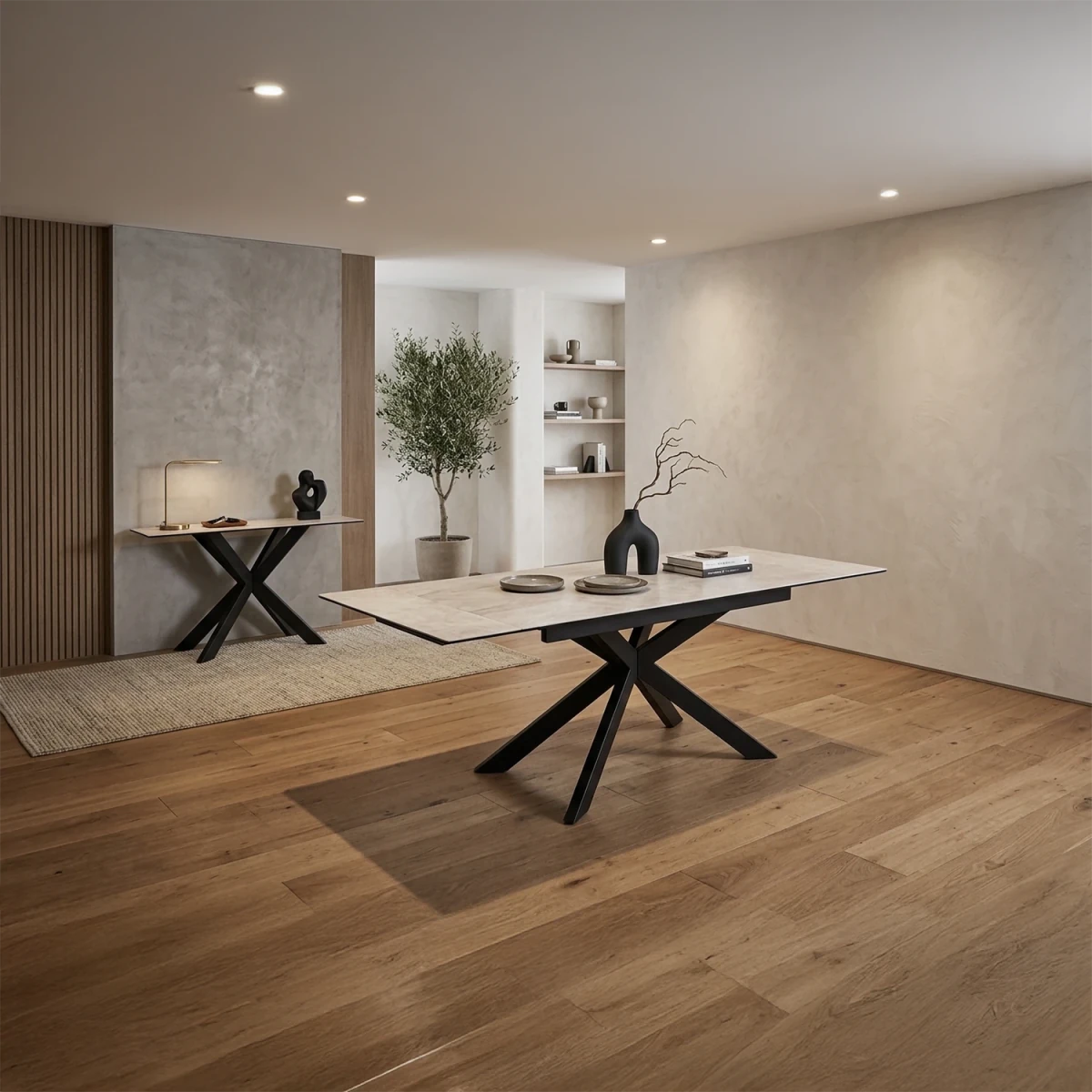 Contemporary console table with glass and ceramic surface with Dining table