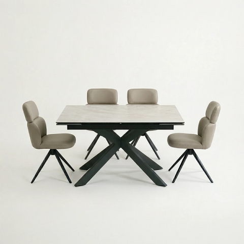 Athena Sand Ceramic Extending Dining Table with 4 Sydney Chairs - 130–180cm